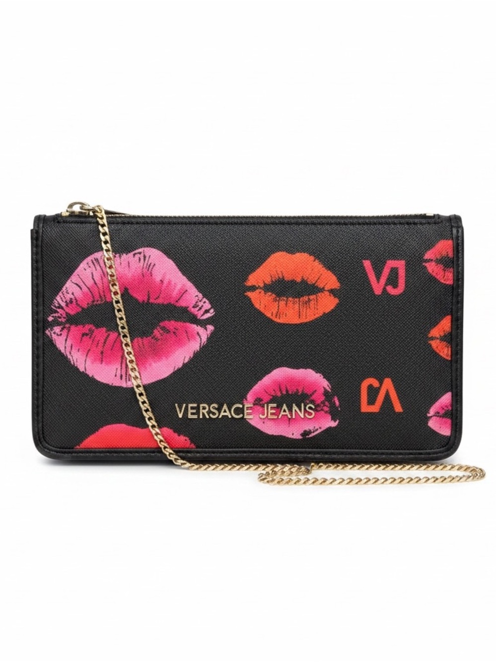 Versace Jeans Collection Black Clutch with Pink and Orange Kiss Motif